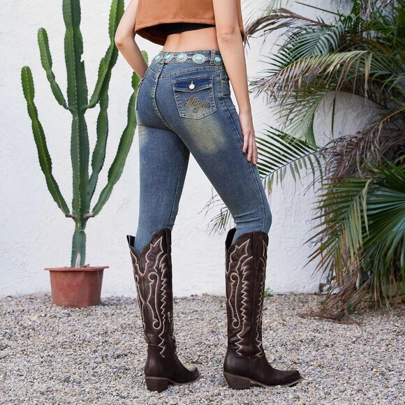 Women Knee High Chocolate Brown Floral Embroidered Western Pointed Toe Chunky - Picture 2 of 6
